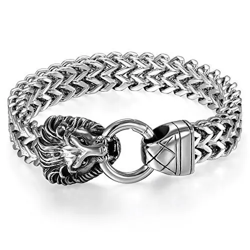 Produktbild: JewelryWe Schmuck Herren Armband Edelstahl Biker Löwe Ring Panzerkette Armreif Armkette Geschenk Silber