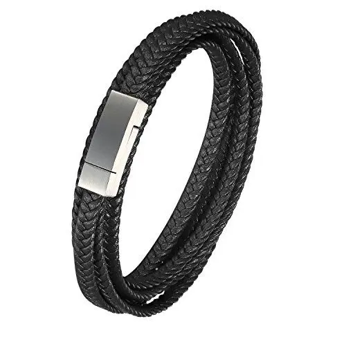 Produktbild: JewelryWe Schmuck Herren Armband Leder Geflochten Wickel Surfer Armband Armreif Lederband mit Silber Edelstahl Verschluss Schwarz