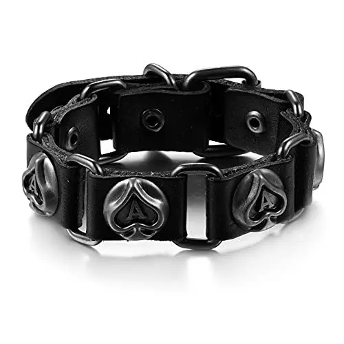 Produktbild: JewelryWe Schmuck Herren Armband Pik-Ass Lederarmband Manschette Armreif Schwarz Braun Tribal Punk Geschenk