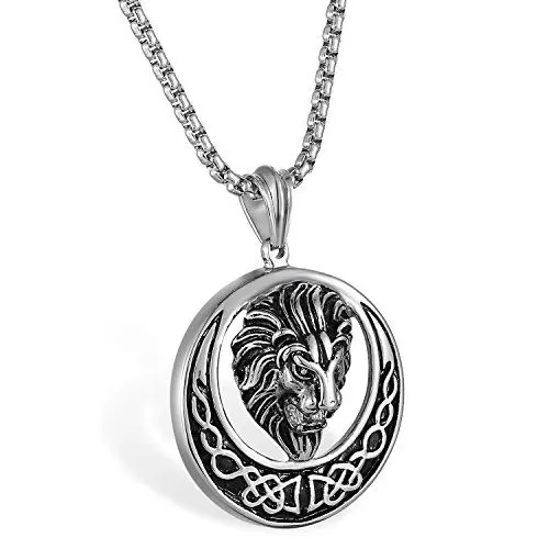 Produktbild: JewelryWe Schmuck Herren Biker Halskette, Edelstahl Retro Gotik Löwe Löwenkopf Irische Keltische Knoten Kreis Anhänger mit 22 Zoll Weizen Kette, Silber