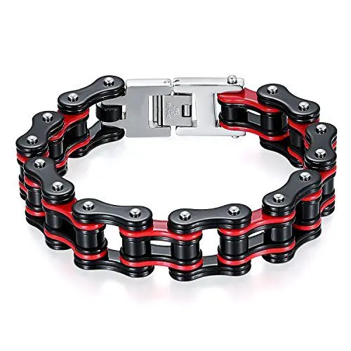 Produktbild: JewelryWe Schmuck Herren Biker Kette Armband, Groß Schwer Zwei Töne Hochglanz Poliert Fahrradkette Motorradkette Armkette Armreif aus Edelstahl, Rot Schwarz