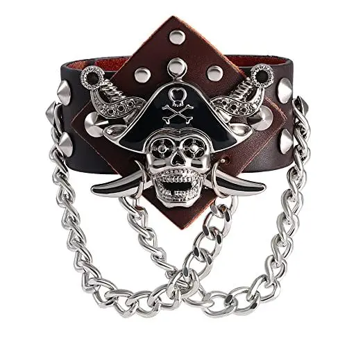 Produktbild: JewelryWe Schmuck Herren Breit Lederarmband, Gotik Punk Fluch der Karibik Kapitän Totenkopf Schädel Kette Leder Manschette Armband Armreif, Braun Silber