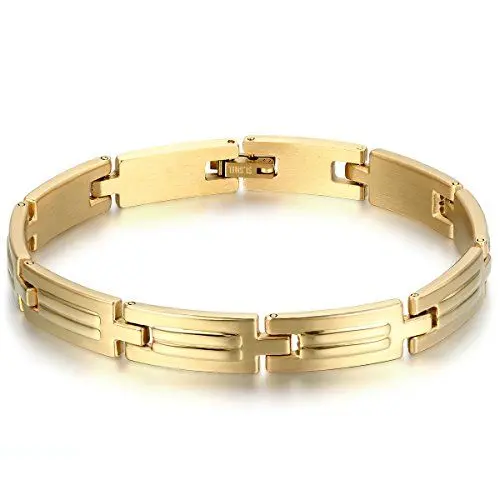 Produktbild: JewelryWe Schmuck Herren Damen Armband, Glänzend Poliert gestreift Link Charm Armreif Armkette, Edelstahl, Gold