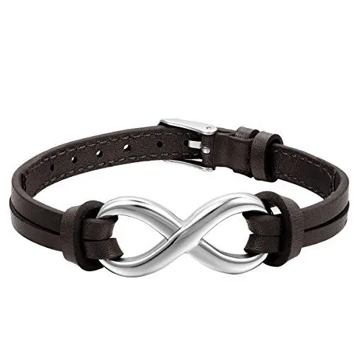 Produktbild: JewelryWe Schmuck Herren Damen Armband, Infinity Zeichen Charm Armreif, Leder Echtleder Edelstahl, Braun Silber