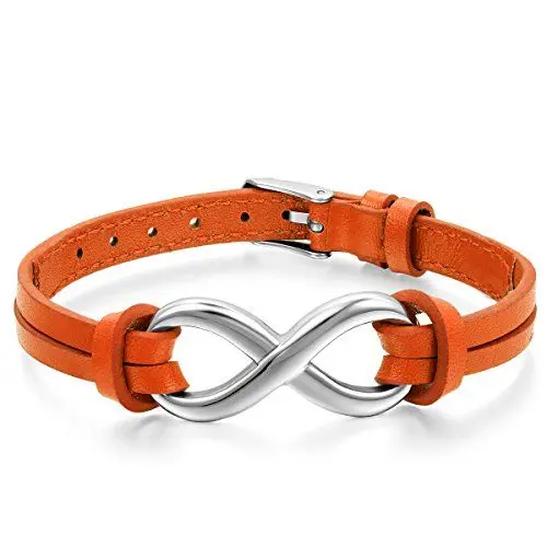 Produktbild: JewelryWe Schmuck Herren Damen Armband, Infinity Zeichen Charm Armreif, Leder Echtleder Edelstahl, Orange Silber