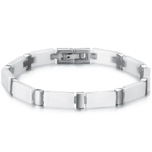 Produktbild: JewelryWe Schmuck Herren Damen Armband, Keramik Edelstahl, Kreuz Link Charm Armreif Partnerarmband, Weiß Silber