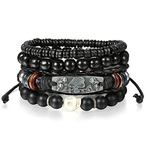 Produktbild: JewelryWe Totenkopf Lederarmband Schwarz Armband: Retro Gothic Schädel Rose Blume Kugel Perlenarmband Mehrschichtig Handgewebt Geflochten Leder Armband Verstellbar Wickelarmband Herren Damen