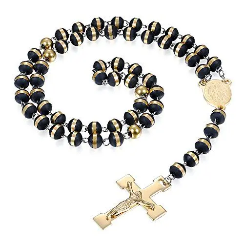 Produktbild: JewelryWe Schmuck Herren Damen Halskette, Retro Jungfrau Maria Jesus Christus Kruzifix Kreuz Rosenkranz Anhänger mit 60cm Kugel Kette, Edelstahl Gummi Kautschuk, Gold Schwarz
