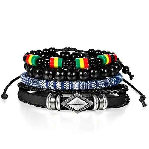Produktbild: JewelryWe Boho Lederarmband WICKELARMBAND Set: Retro Kreuz Regenbogen Farbig Perlenarmband verstellbar geflochten Leder Seil Kugel Perlen Armband Armreif Surfer Hippie Ethno Schmuck für Damen Herren