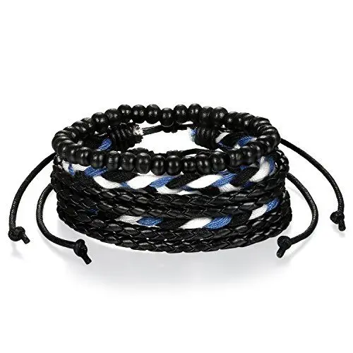 Produktbild: JewelryWe Schmuck Herren Damen Wickelarmband, Retro Kugel Perlen handgefertigt geflochten Leder Armband Armreif Perlenarmband, Weiß Blau Schwarz