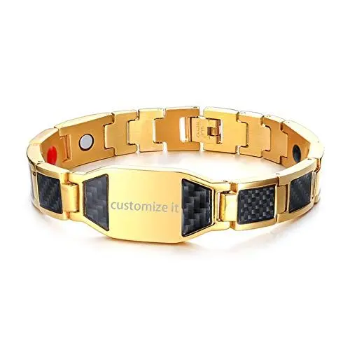 Produktbild: JewelryWe Schmuck Herren Magnetarmband, Edelstahl schwarz Kohlenstoff Faser Kohlefaser Magnet Armband Armreif Armkette, Gold