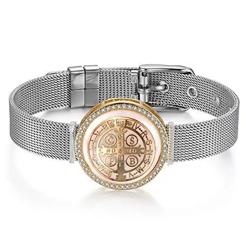 Produktbild: JewelryWe Schmuck Mesh Armband Damen Edelstahl Zirkonia Exorcism St Benedict Kreuz Charms Armkette Armreif Charmband mit Weiß Abalone Muschel Gold Silber