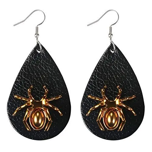 Produktbild: JewelryWe Schmuck Ohrringe Damen Halloween Spinne Abdruck Lederohrringe Wassertropfen Tropfen Design Ohrhänger Ohrstecker für Frauen Mädchen Schwarz
