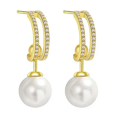 Produktbild: JewelryWe Schmuck Perlenohrringe Damen Ohrringe Perlen Ohrhänger Klassische Elegant abnehmbare Ohrstecker mit Perle Zirkonia Hängend Stecker Gold