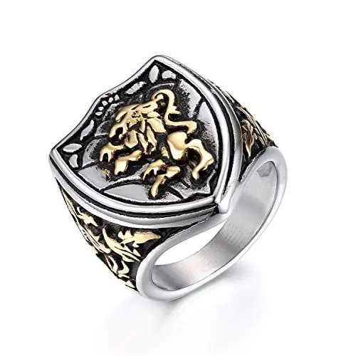 Produktbild: JewelryWe Schmuck Retro Herren-Ring Edelstahl Löwe Schild König Krone Biker Ring Siegelring Band Bandring mit Gravur Gold Silber Größe 57
