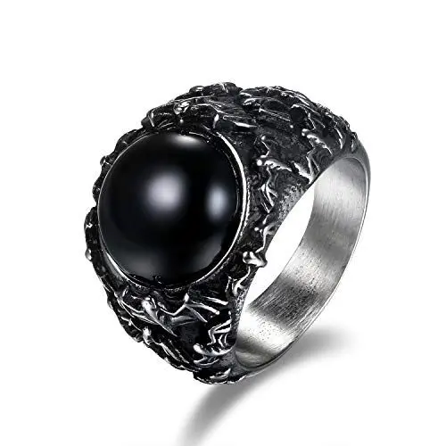 Produktbild: JewelryWe Schmuck Retro Herren-Ring, Gotik Fledermaus Bat Band Ring mit schwarzem Onyx, Silber - Größe 57