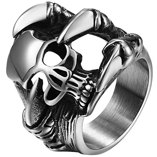 Produktbild: JewelryWe Schmuck Totenkopf Ring Herren Gothic Punk Schädel Klauen Krallen Bandring Edelstahl Biker Band mit Gravur, Silber Größe 57