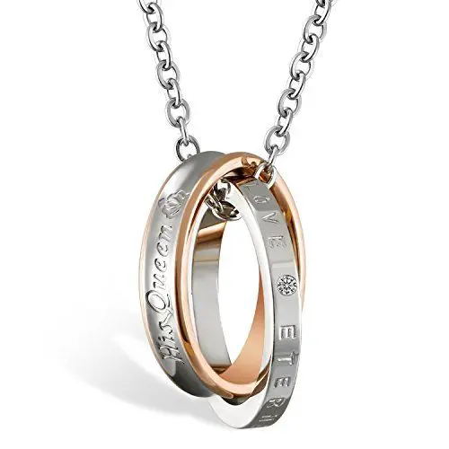 Produktbild: JewelryWe Schmuck Unisex Freundschaftsketten mit kostenloser Gravur, Edelstahl Partner-Anhänger Halskette mit Gravur His Queen Ringe, Paar Anhänger mit 45cm Kette für Damen, Rosegold Silber