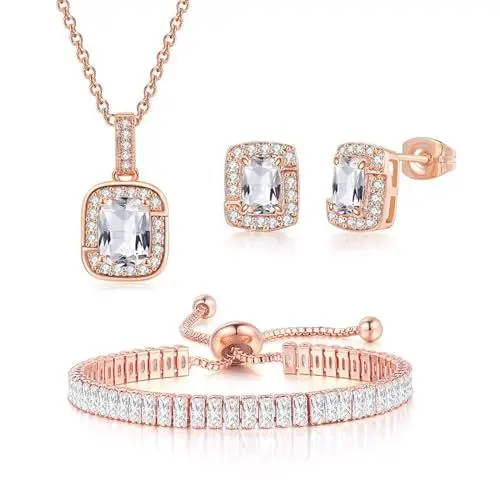 Produktbild: JewelryWe Schmuckset Damen Rechteck Zirkonia: Rosegold Glitzer Kubischer Zirkonia Quadrat Halskette Ohrringe Armband Set Tennisarmband Anhänger mit Kette Ohrstecker Schmuck Set für Frauen Mädchen