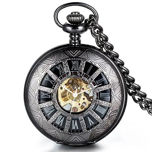 Produktbild: JewelryWe Steampunk Handaufzug mechanische Taschenuhr, Klassiker Nostalgisch Quarzuhr Kettenuhr Uhr Anhänger mit römischen Ziffern Zifferblatt für Damen & Herren