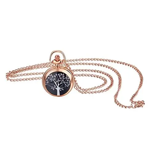 Produktbild: JewelryWe Taschenuhr Damen Elegant Baum des Lebens Analog Quarz Uhr mit Halskette Kette Pocket Watch Geschenk Rosegold