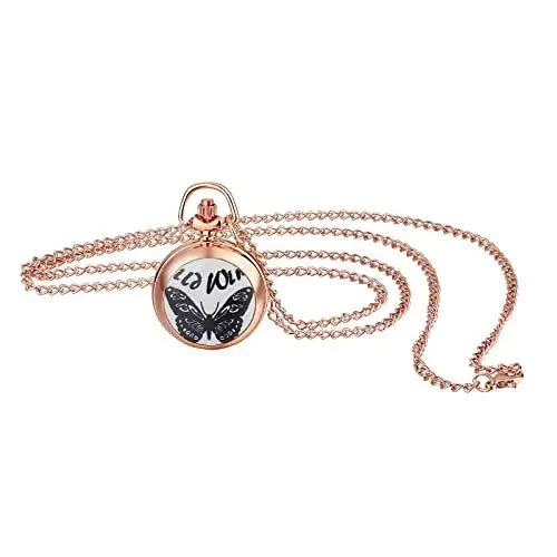Produktbild: JewelryWe Taschenuhr Damen Elegant Schmetterling Analog Quarz Uhr mit Halskette Kette Pocket Watch Geschenk Rosegold
