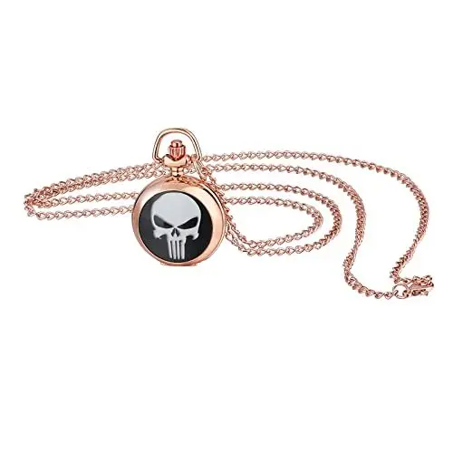 Produktbild: JewelryWe Taschenuhr Damen Elegant Totenkopf Schädel Analog Quarz Uhr mit Halskette Kette Pocket Watch Geschenk Rosegold
