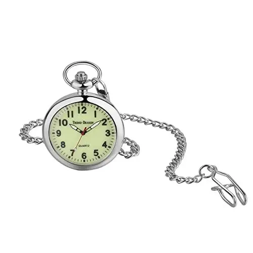 Produktbild: JewelryWe Taschenuhr Herren Damen Klassische Grün Leuchtendes Zifferblatt Analog Quarz Uhr mit Halskette Taille Kette Silber Pocket Watch Geschenk