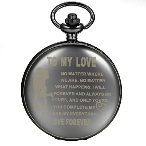 Produktbild: JewelryWe Taschenuhr Herren Damen mit Gravur Liebe to My Love, Glatt Quarz Analog Uhr mit Kette Halskette für Frauen Männer Schwarz