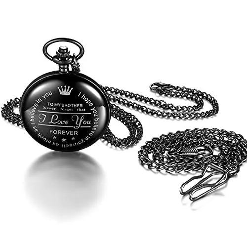 Produktbild: JewelryWe Taschenuhr Herren Kette Schwarz: Klassische Einfache Glatt Kettenuhr mit Gravur to My Brother Analog Quarz Uhr mit Halskette Geschenk für Männer Bruder Freunde