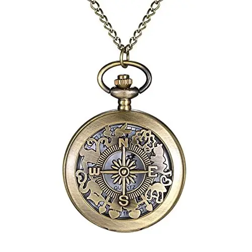 Produktbild: JewelryWe Taschenuhr Herren Retro Kreuz Blumenmuster Hohle Openwork Analog Quarz Uhr Umhängeuhr mit Halskette Kette Pocket Watch Bronze Unisex Geschenk