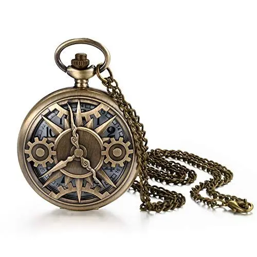 Produktbild: JewelryWe Taschenuhr Herren Retro Zahnrad Kettenuhr Analog Quarz Uhr mit Halskette Kette Pocket Watch Geschenk für Männer Frau