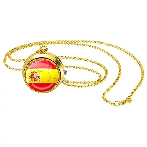 Produktbild: JewelryWe Taschenuhr Herren Weltmeisterschaft WM Spanien Spanische Flagge Kettenuhr Analog Quarz Uhr mit Halskette Kette Pocket Watch Geschenk für Männer Frau