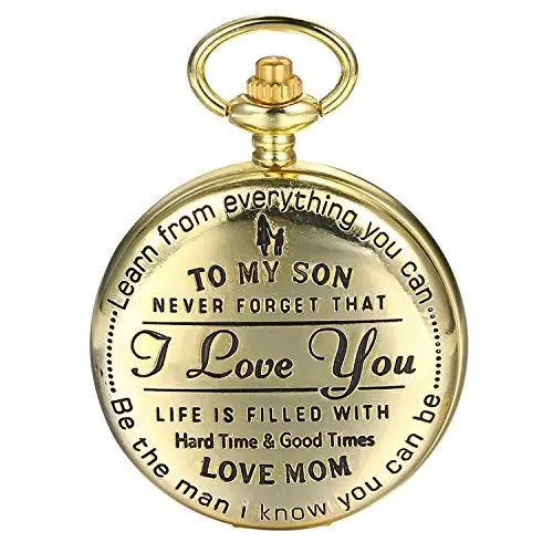 Produktbild: JewelryWe Taschenuhr Herren mit Gravur 'to My Son, Love Mom', Quarz Analog Uhr mit Kette Halskette Mutter und Sohn Familie Geschenk Gold