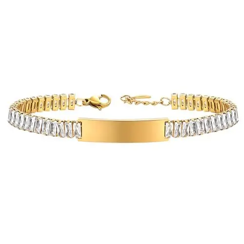 Produktbild: JewelryWe Tennisarmband Damen Zirkonia Armband: Gold Edelstahl Tennis Armband mit weißen rechteckigen Zirkonia Steinen Verstellbare Armkette Armreif Geschenk für Frau Mädchen