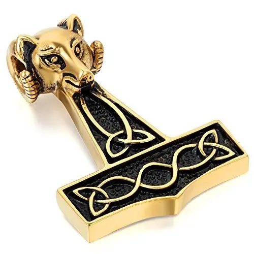 Produktbild: JewelryWe Thors Hammer Kette Herren: Wikinger Halskette Männer Edelstahl Wolf Thor Hammer Keltisch Knoten Anhänger mit 55cm Kette Motorradfahrer Biker Halskette Gold