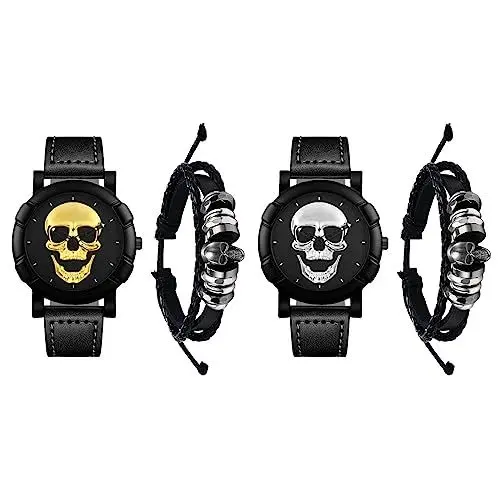 Produktbild: JewelryWe Totenkopf Herrenuhr Lederarmband Halloween Set - 4 Stück Schädel Analog Quarz Armbanduhr Steampunk Schwarz Totenkopf Geflochten Leder Armband Uhr Armreif Schmuckset für Herren Männer