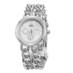 Produktbild: JewelryWe Uhren Damen Analog Quarz 30m wasserdichte Armbanduhr Elegant Beiläufige Uhr Damenuhr mit Edelstahl Doppelt Panzerkette Armband Silber