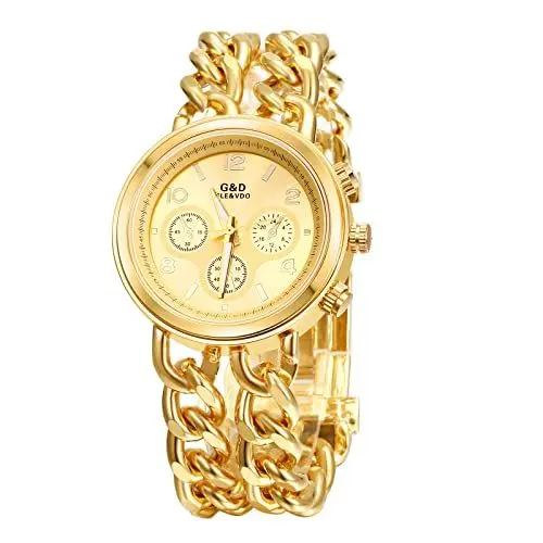 Produktbild: JewelryWe Uhren Damen Analog Quarz 30m wasserdichte Armbanduhr Elegant Beiläufige Uhr Damenuhr mit Edelstahl Doppelt Panzerkette Armband Gold