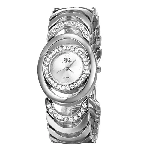 Produktbild: JewelryWe Uhren Damen Analog Quarz 30m wasserdichte Armbanduhr Elegant Einzigartig Strass Oval Beiläufige Uhr mit Metall-Armband und Uhrenwerkzeug Silber
