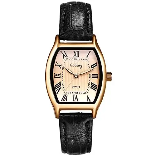Produktbild: JewelryWe Uhren Damen Analog Quarz Armbanduhr Retro Römische Ziffern Weinfass Rechteckig Leder Armband Beiläufige Uhr für Frauen Mädchen Schwarz