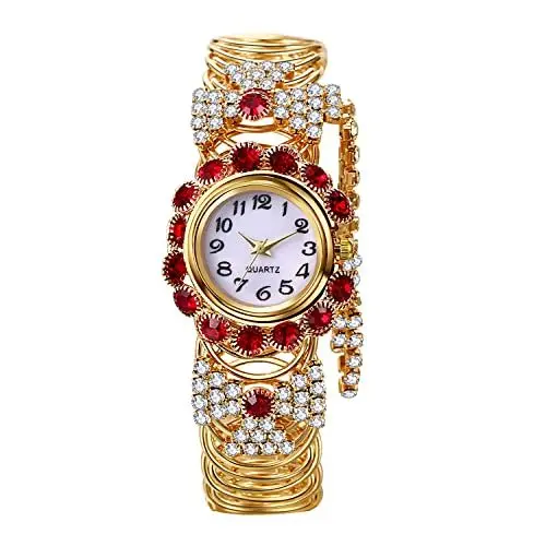 Produktbild: JewelryWe Uhren Damen Elegant Analog Quarz Armbanduhr mit Stretchband Elastischen Metall-Armband Luxus Strass Diamanten Damenuhr Lässige Uhr Geschenk für Frauen Mädchen Rot