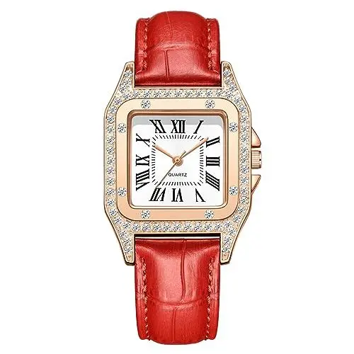 Produktbild: JewelryWe Uhren Damen Leder Quadratisch - Elegant Glitzer Strass Analog Quarz Armbanduhr Frauen Lässige Uhr mit Quadratischem Römischen Ziffern Zifferblatt und Rot Leder Armband