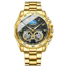 Produktbild: JewelryWe Uhren Herren Edelstahl Tourbillon: Datum Kalender 30m wasserdichte Analog Quarz Armbanduhr Männer Gold Edelstahl Armband Uhr mit Schwarz Doppelt Tourbillon Zifferblatt und Leuchtzeiger
