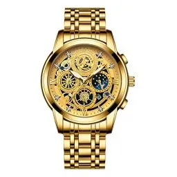 Produktbild: JewelryWe Uhren Herren Kalender 30m wasserdichte Analog Quarz Armbanduhr Luxus Zahnrad Strass Römische Ziffern Geschäfts Beiläufige Uhr Herrenuhr mit Edelstahl Armband und Leuchtend Zeiger Gold