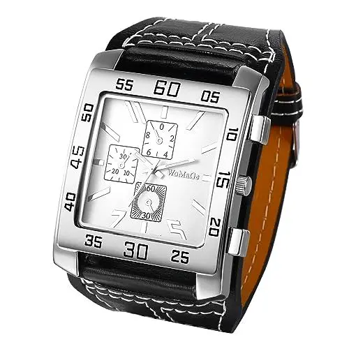 Produktbild: JewelryWe Uhren Herren Leder Quadrat - Retro Punk Analog Quarz Armbanduhr Männer Große Uhr mit Weißem Rechteckigen Zifferblatt und Breit Leder Armband