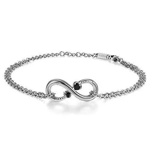 Produktbild: JewelryWe Unendlichkeitszeichen Armband Damen Fußkettchen: Edelstahl Infinity Unendlichkeit Lieben Zeichen Charm Fußkette Armkette Armreif mit Herz Zirkonia Diamant Schwarz Silber