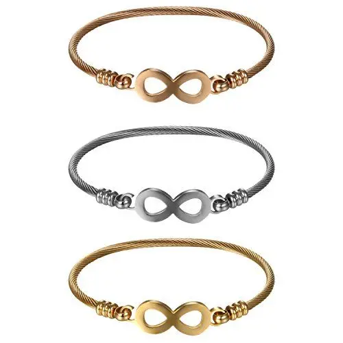 Produktbild: JewelryWe Unendlichkeitszeichen Armreif Damen Armband: 3pcs Set Edelstahl Elegant Lieben Infinity Unendlichkeit Zeichen Draht Kabel Viking Stulpe Manschetten Armspange Rosegold Gold Silber