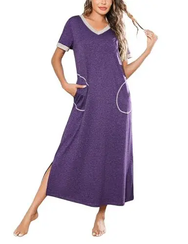 Produktbild: Jezonga Nachthemd Damen Lang Baumwolle Schlafshirt Sleepshirt V-Ausschnitt Kurzarm Nachtwäsche Große Größen Nachtkleid mit Taschen