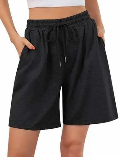 Produktbild: Jezonga Shorts Damen Sporthose Kurz Sport Shorts Jogginghose Sommer mit Taschen Sportshorts Hohe Taille Trainingshose Kurze Short High Waist Elastischer Bund zum Fitness Running Gym Dunkelschwarz L